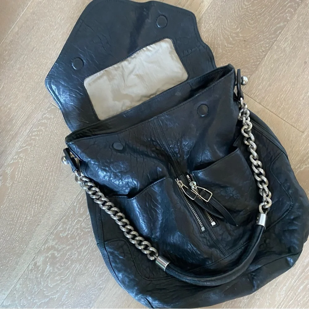 Olivia Harris Black lambskin Leather rocker rock star Hobo Satchel bag